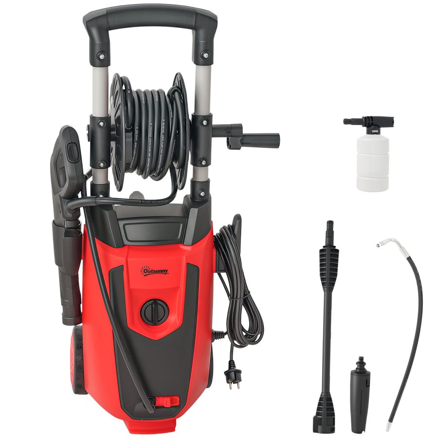 Outsunny Hochdruckreiniger 1800 W, 150 bar, 420 L/h, mit Aluminium-Pumpe, Automatische Abschaltung, 6 m Schlauch, inkl. Schaumflasche und verstellbarer Düse, Rot und Schwarz   Aosom von Outsunny