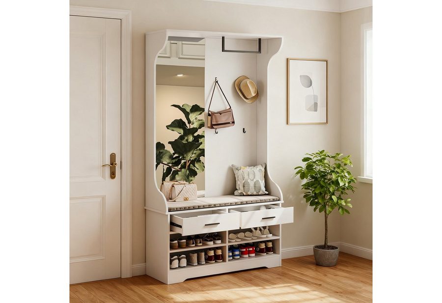 BELUPAI Garderobenständer Weiß Garderobe Set 180cm, (Set, 1 St., Garderobe mit Spiegel, Schuhschrank, 2 Schublade und Kleiderstange), für Wohnzimmer, Schlafzimmer, Flur, 104 x 35 x 180cm