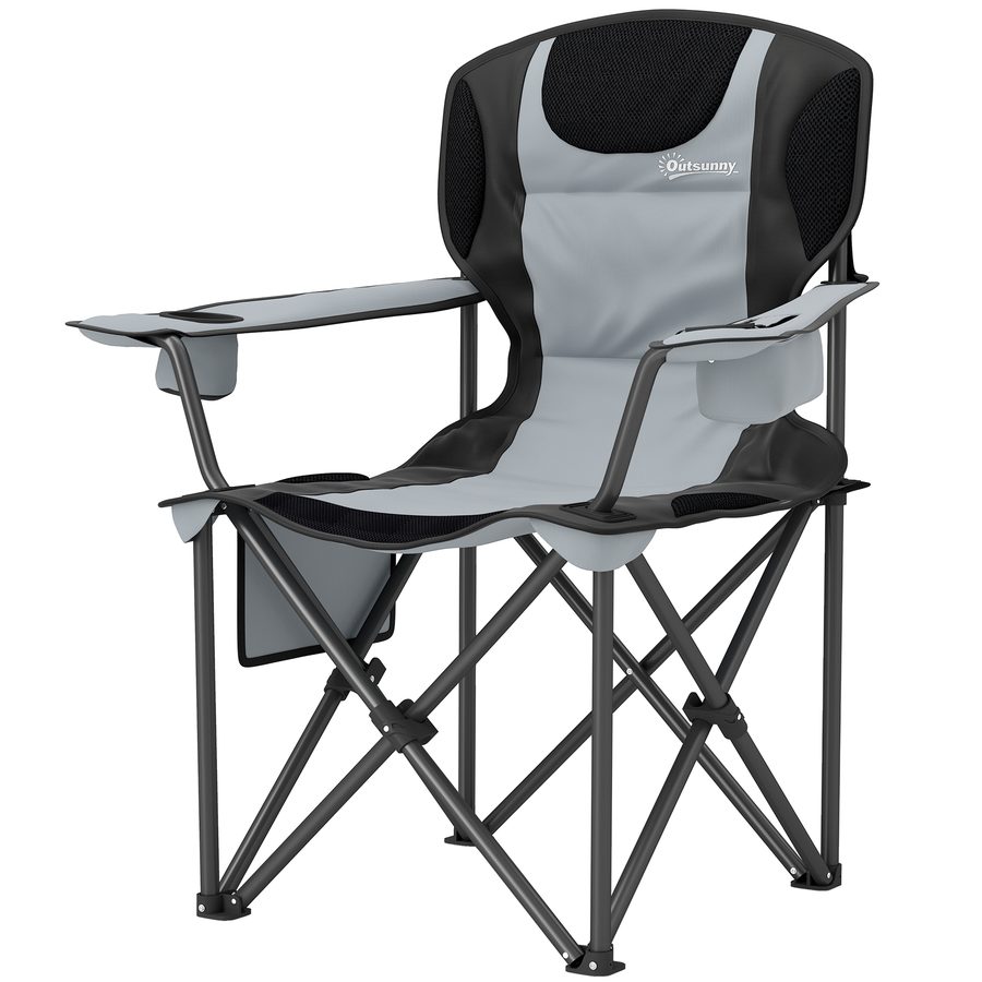 Outsunny Klappbarer Campingstuhl, Gepolsterter Anglerstuhl, Höhenverstellbare Armlehnen, Getränkehalter, Seitenfächer und Kühltasche, Faltbarer Stuhl für Wandern, Angeln und Picknick, Hellgrau   Aosom von Outsunny