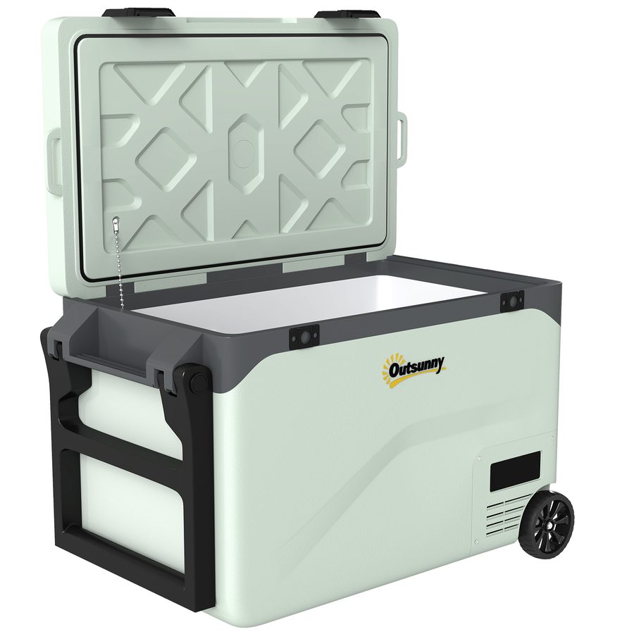 Outsunny 42,5 L Kompressor Kühlbox Leise elektrisch Mini Kühlschrank bis -20℃ Kühlbox mit Bluetooth LED Rolle Kühlfunktion Griff Handyhalter Stoßfest Gefrierbox 12/230 Volt für Auto LKW Reisen Grün   Aosom von Outsunny