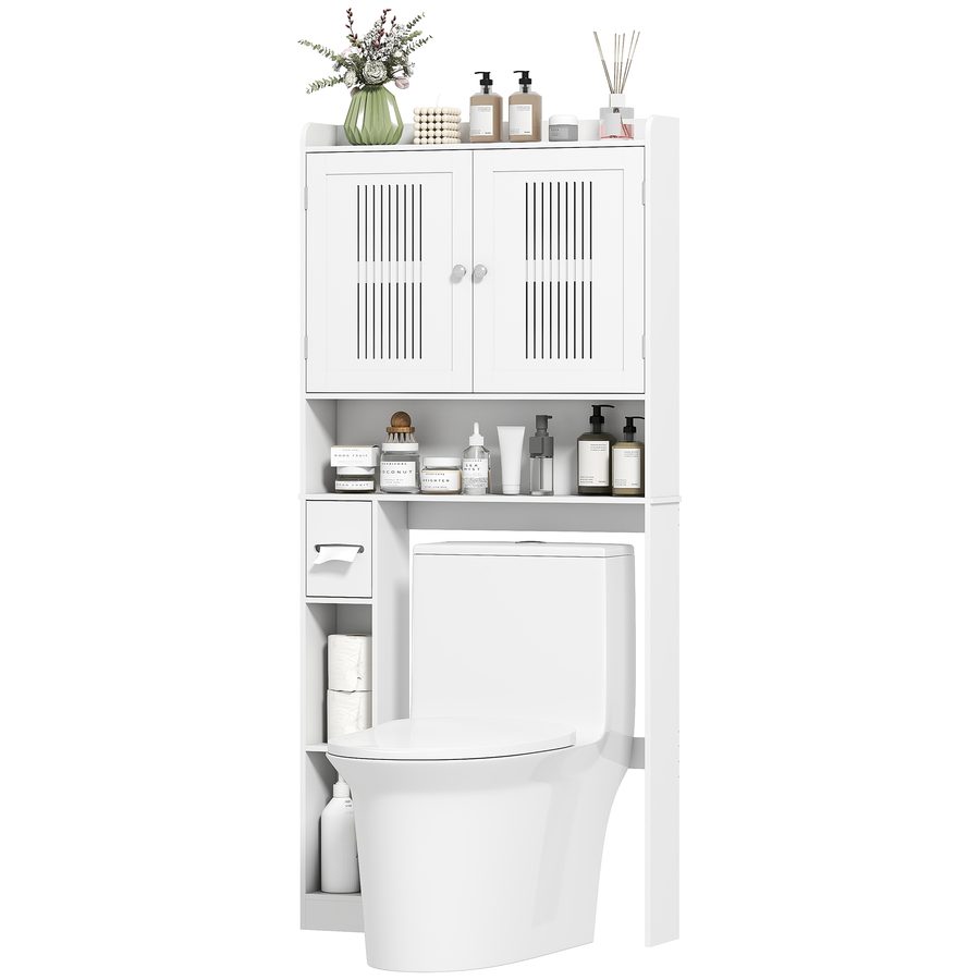 HOMCOM Toilettenregal Über Toilettenregal mit Verstellbarem Regal 2 Türen Toilettenpapierhalter und Offene Regale Platzsparender Waschmaschinenschrank für Badezimmer Weiß   Aosom von HOMCOM