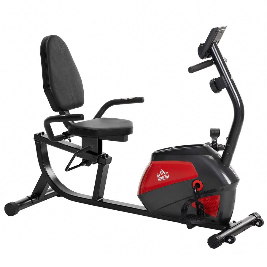 HOMCOM Liege-Heimtrainer mit Rückenlehne, 8-stufige Magnetresistenz, Heimtrainer mit Schwungrad, verstellbarer Sitz, LCD-Monitor, Pulsmessung, Smartphone-Halter und Rollen, Rot   Aosom von HOMCOM