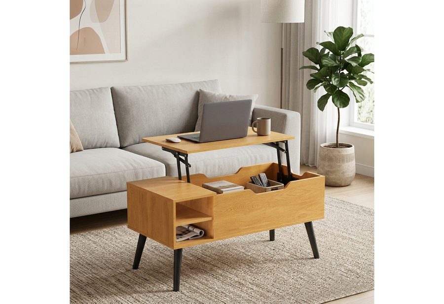 OYRREU Couchtisch höhenverstellbarer Sofatisch mit Liftplatte, Naturholz (Set, inkl. Zubehörpaket & Anleitung, aufklappbar, versteckter Stauraum), 80 x 40 x (44-58) cm Beistelltisch, modern, offenem Fach, Ablage von OYRREU