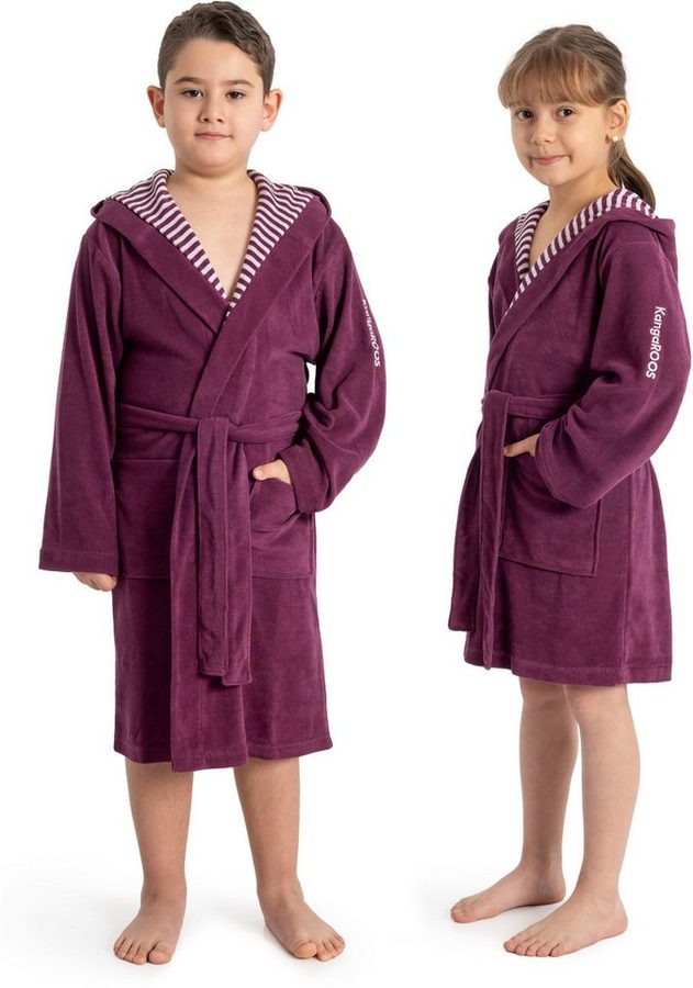KangaROOS Kinderbademantel Dalia, Ideal für Zuhause, Schwimmbad oder im Urlaub, Langform, Veloursfrottier, Kapuze, Gürtel, Uni-Farben mit Streifen von Kangaroos