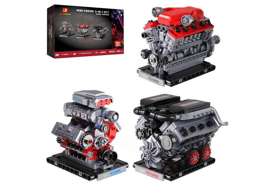 Esun 3 in 1 Mini Motor Bausatz, Technik V8 V12 W16 Engine Klemmbausteine Spielbausteine, (Set, 840 St., Komplettset), Stem Motor Funktionsfähig Baukasten Dekor Geschenk