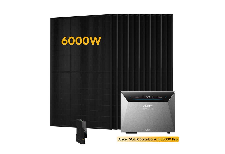 Anker Balkonkraftwerk 6000W Anker SOLIX Solarbank 4 E5000 Pro All-in-One Stromspeicher, (Optional: 0-5 × Anker BP5000 Erweiterungsakku, inkl. Anker Smart Meter Gen 2 und 12 x Sunpro 500W Solarmodule), PV Speicher mit Notstromfunktion von Anker