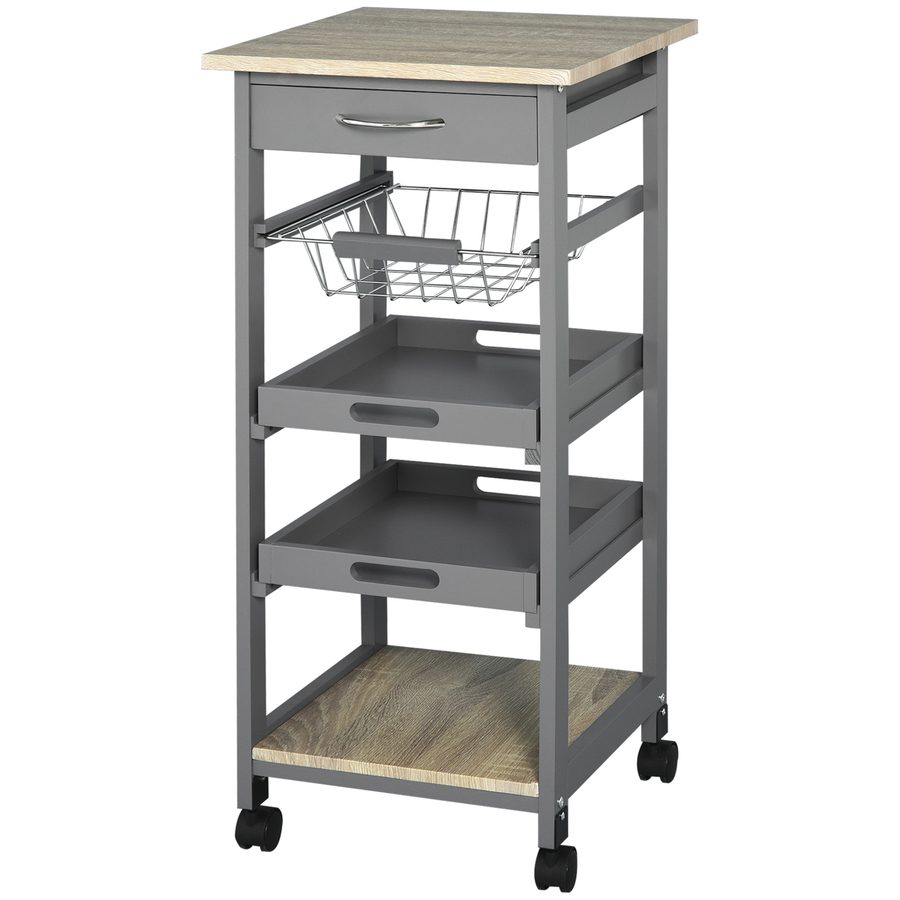 HOMCOM Servierwagen Kücheninsel mit Rollen Korb + 2 herausnehmbare Tabletts, Schublade, Regal aus hellem Eichenholz Pinienholz Grau   Aosom von HOMCOM