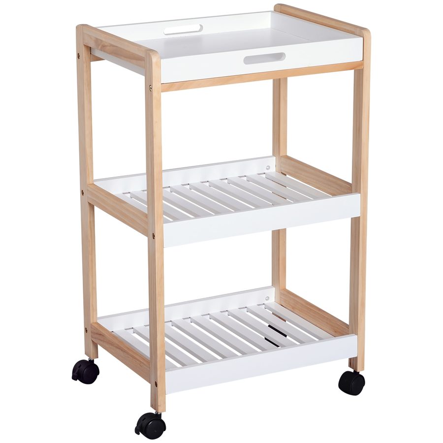 HOMCOM Küchenrollwagen Küchenwagen rollbar Küchentrolley Servierwagen abnehmbares Tablett Bambus + MDF Weiß + Natur 46 x 35 x 74,5 cm   Aosom von HOMCOM