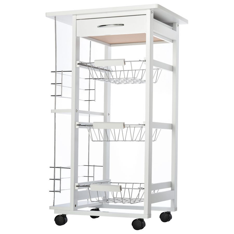 HOMCOM Servierwagen Küchenwagen auf Rollen Multi-Rangements 3 Metallkörbe Schublade + 2 Flaschenhalter Pinienholz Weiß   Aosom von HOMCOM