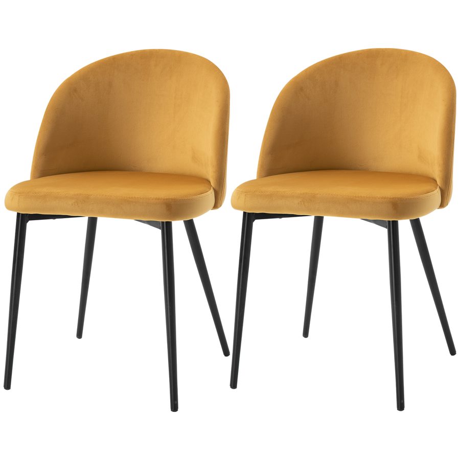 HOMCOM Set mit 2 Esszimmerstühlen, skandinavischer Küchenstuhl aus gepolstertem Velours mit schlanken Metallbeinen, für Wohnzimmer, Esszimmer, gelb   Aosom von HOMCOM
