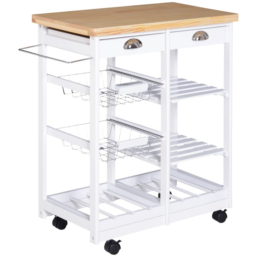 HOMCOM Küchenwagen Servierwagen mit Korb Schublade und Weinablage, rollbar aus Holz in Weiß 74x37x76 cm für Küche und Esszimmer   Aosom.de von HOMCOM