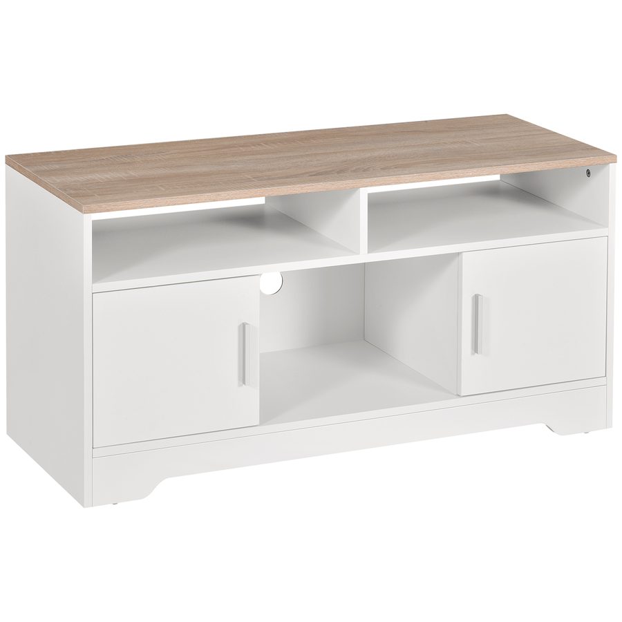 HOMCOM TV-Lowboard Fernsehschrank TV-Bank für bis zu 50 Zoll mit 2 Schränken 3 offenen Fächern und Kabelführungsöffnung in Weiß Naturholz 105 x 40 x 52 cm   Aosom.de von HOMCOM