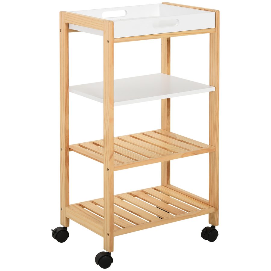 HOMCOM Küchenwagen  Servierwagen mit Ablage, abnehmbares Tablett, Kiefer, Weiß+Natur, 40x30x76cm  Aosom von HOMCOM