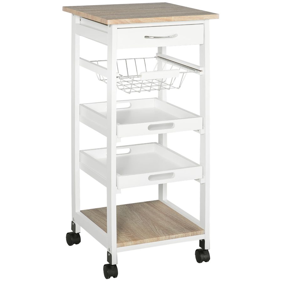 HOMCOM Küchenwagen Servierwagen mit Schublade abnehmbares Tablett Kiefer Weiß 37x37x82 cm für Küche und Essbereich   Aosom.de von HOMCOM