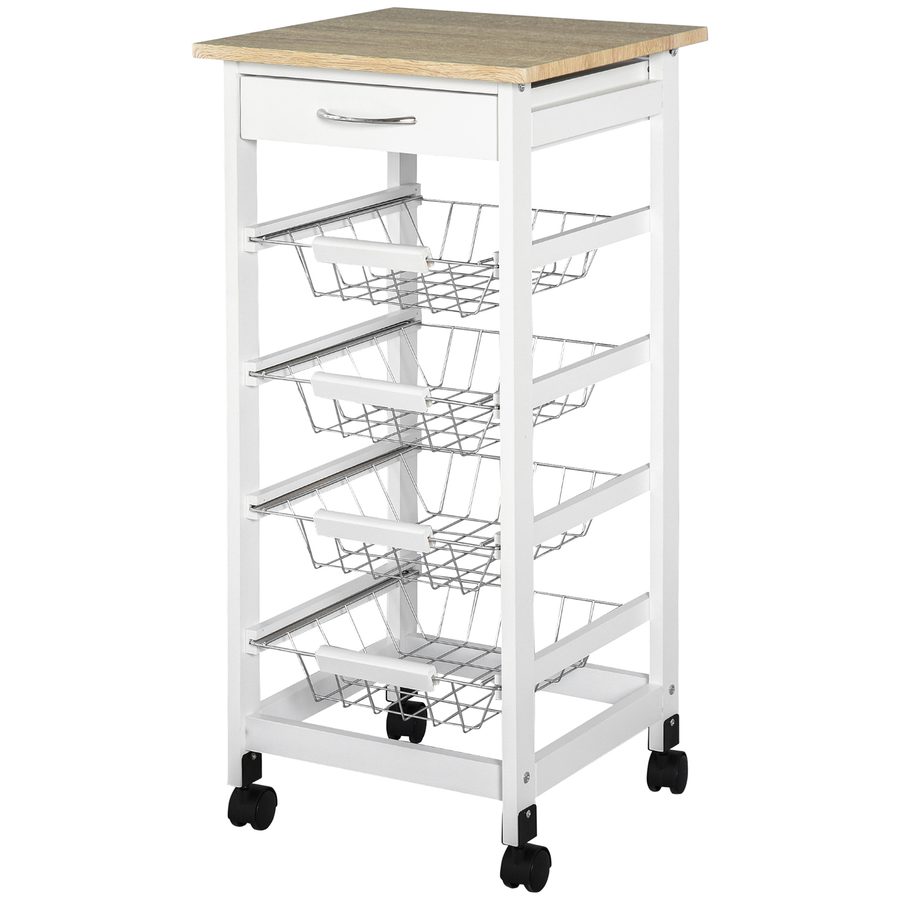 HOMCOM Küchenwagen mit Rollen, Servierwagen, 4 Metallkörbe + Schublade, Küchenwagen, Rahmen aus Pinienholz, wenig Platz, Küche, Badezimmer, Wohnzimmer, Büro, Weiß   Aosom von HOMCOM