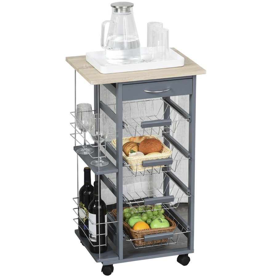 HOMCOM Küchenwagen, platzsparend, dunkelgrau, Servierwagen, 1 Arbeitsplatte, 1 Schublade, 4 Metallkörbe, 47x37x83cm, Grau   Aosom von HOMCOM