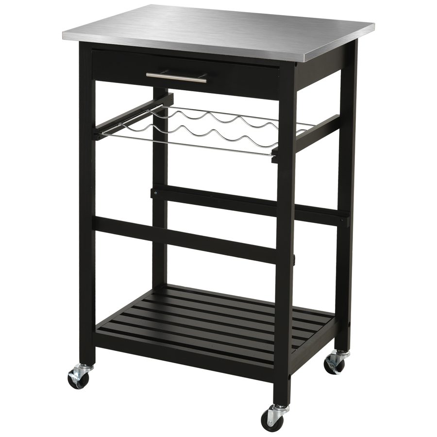 HOMCOM Küchenwagen Servierwagen Küchentisch auf Rollen mit Regal Flaschenablage 60B x 40T x 85H cm Arbeitsfläche aus Edelstahl Schwarz   Aosom von HOMCOM