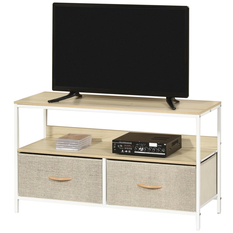 HOMCOM TV-Möbel niedrig auf Beinen TV-Ständer für Fernseher bis 47 Zoll im Industriestil 2 Schubladen aus Grauem Stoff Naturholz und weißem Metall   Aosom von HOMCOM