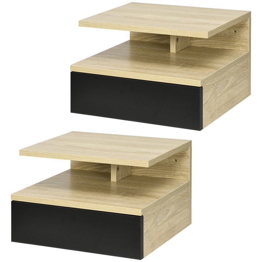 HOMCOM Set mit 2 Wand-Nachttischen - Set mit 2 Nachttischen - Schublade, Fach, Ablage - Schwarz Eiche   Aosom von HOMCOM