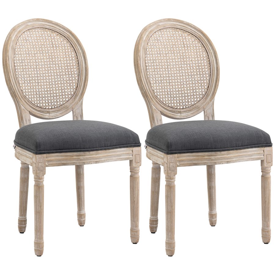 HOMCOM Esszimmersessel 2er Set Rattan Polsterstuhl Leinen-Optik Vintage Retro Wohnzimmerstühle Gummiholz Grau 49x56x96cm   Aosom.de von HOMCOM