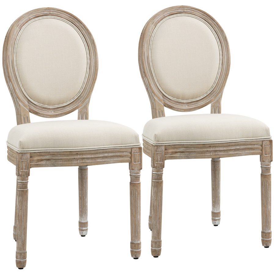 HOMCOM 2er Set Esszimmerstühle Vintage Küchenstuhl Polsterstuhl mit Rückenlehne Linen-Touch Gummiholz 49 x 56 x 96 cm Cremeweiß+Natur   Aosom.de von HOMCOM