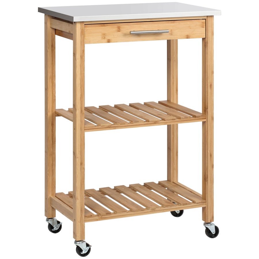 HOMCOM Bambus-Küchenwagen, platzsparender Küchenwagen mit Edelstahlplatte, Schublade und Lattenregalen, Obst- und Gemüsewagen, für Wohnzimmer, natur   Aosom von HOMCOM