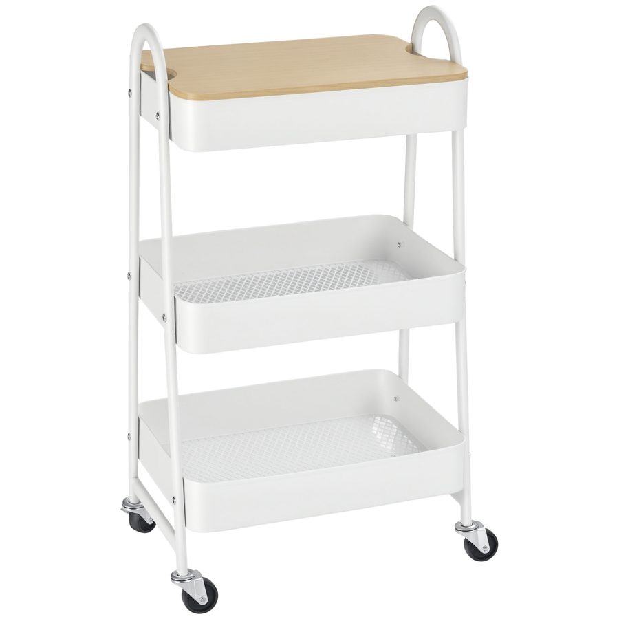 HOMCOM Küchenwagen 3-Etagen Metallrollwagen mit großem Stauraum & Deckel für Küche und Büro, Stahl weiß 45x31x79,4cm   Aosom.de von HOMCOM