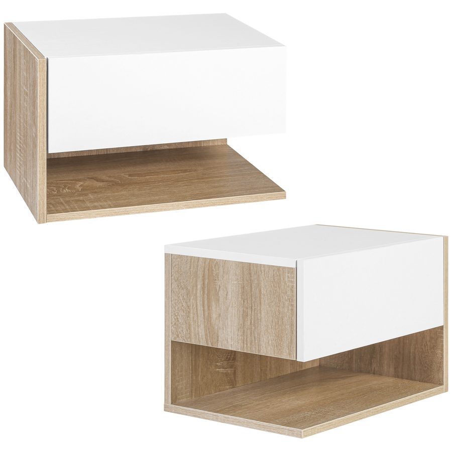 HOMCOM Set aus 2 Wand-Nachttischen - Set aus 2 Nachtischen - Ausziehbare Schublade, Regal, Ablage - Holz in Zweifarbenoptik Eiche Weiß   Aosom von HOMCOM