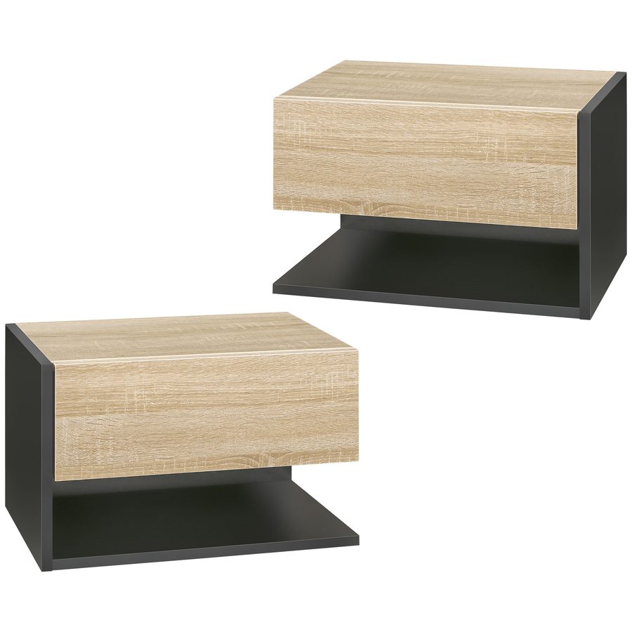 HOMCOM Set von 2 Wandnachttischen - Set von 2 Nachttischen - Schublade, Regal, Ablage - Zweifarbiges Eichenholz-Schwarz   Aosom von HOMCOM