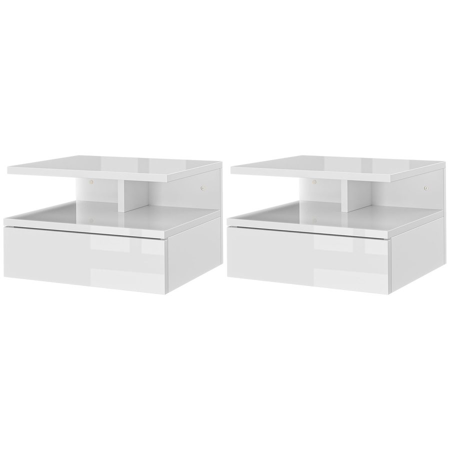 HOMCOM Set aus 2 Schwebenden Nachttischen für Schlafzimmer, Moderne Nachttische mit Schublade und oberem Regal aus Holz, 35x32x22.5cm, Hochglanz Weiß   Aosom von HOMCOM
