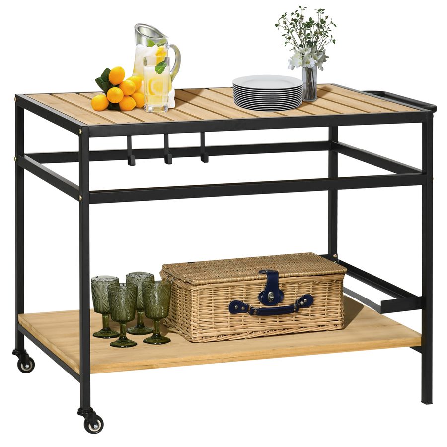 Outsunny Servierwagen Barbecue Trolley mit 2 Regalen und Haken, Küchenwagen mit Rollen für Outdoor, Multifunktionstisch Natur 107 x 65 x 80cm   Aosom.de von Outsunny