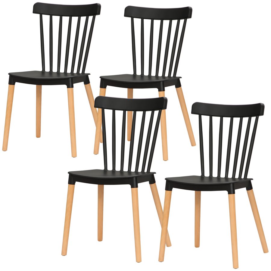 HOMCOM Set mit 4 Esszimmerstühlen, Küchenstühle im skandinavischen Stil, hohe Rückenlehne, Sitz aus Polypropylen, Buchenholzbeine, für Wohnzimmer, Schlafzimmer, Küche, Büro, schwarz   Aosom von HOMCOM