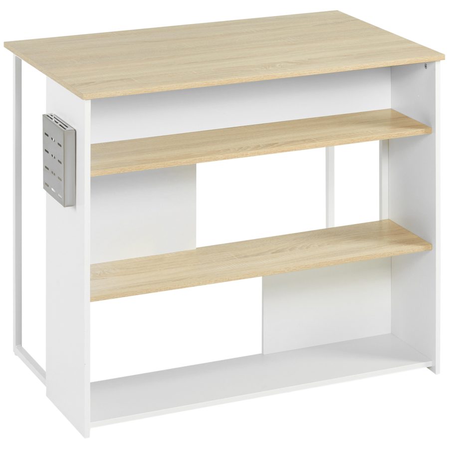HOMCOM Kücheninsel Servierwagen mit 3 modernen Regalen und Messerblock aus Edelstahl, 105 x 65 x 90 cm, Weiß und Natur   Aosom von HOMCOM