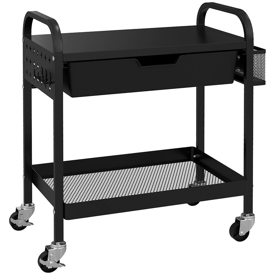 HOMCOM Rollwagen, Servierwagen mit 1 Schublade, 1 Ablage, Küchenwagen  Aufbewahrungswagen mit Haken, Beistellwagen für Küche, Wohnzimmer, Stahl, Schwarz   Aosom von HOMCOM