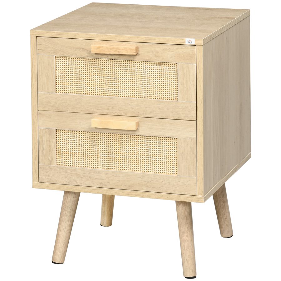 HOMCOM Nachttisch für Schlafzimmer mit 2 Schubladen, eleganter Boho Stil 40x40x56cm, Naturholzfarbe   Aosom von HOMCOM