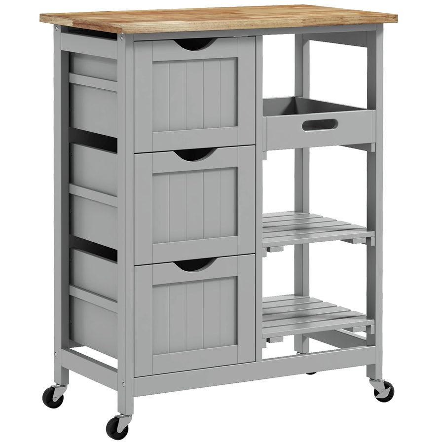 HOMCOM Küchenwagen auf Rollen mit Gummibaumholz-Arbeitsplatte, 3 Schubladen & abnehmbarem Tablett, 2 Regale, 67×37×85,5 cm, Grau   Aosom von HOMCOM