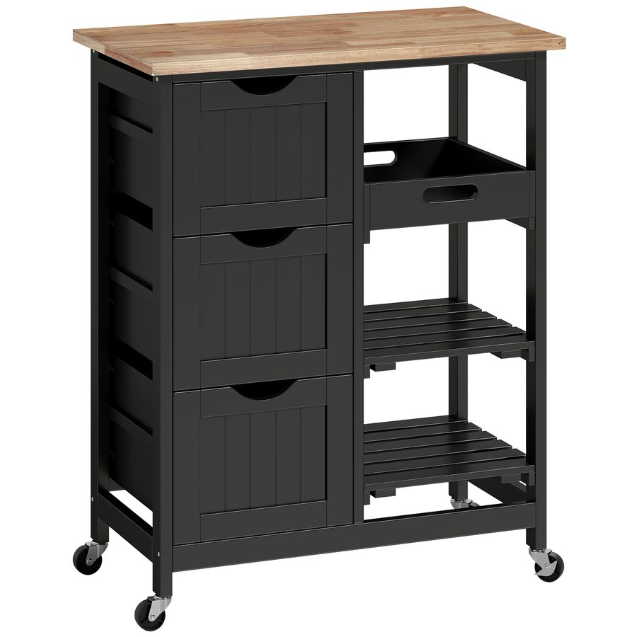 HOMCOM Küchenwagen mit Rollen, Arbeitsplatte aus Holz, 3 Schubladen, 2 offene Ablagen und herausnehmbare Servierplatte, für Esszimmer/Wohnzimmer, 67x37x85,5 cm, Schwarz   Aosom von HOMCOM