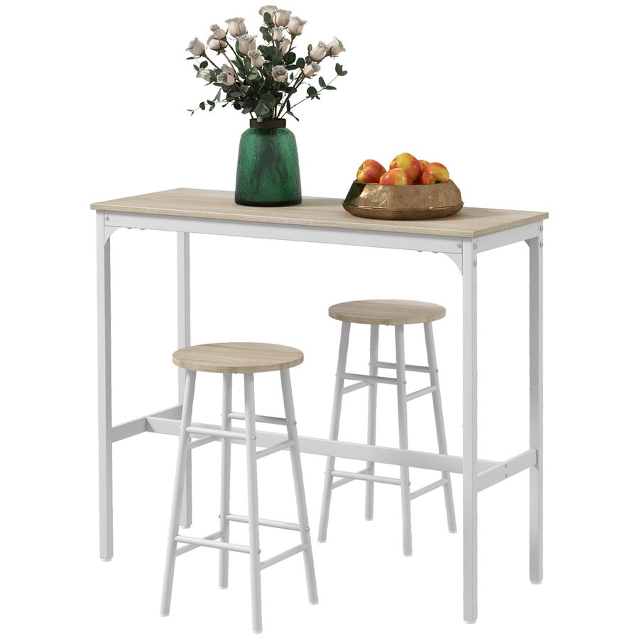 HOMCOM Set Barhochtisch Bistro + 2 Hocker mit Fußstützen Stehtisch Stahlgestell Industriedesign Hoch Küche Naturholzoptik Weiß   Aosom von HOMCOM