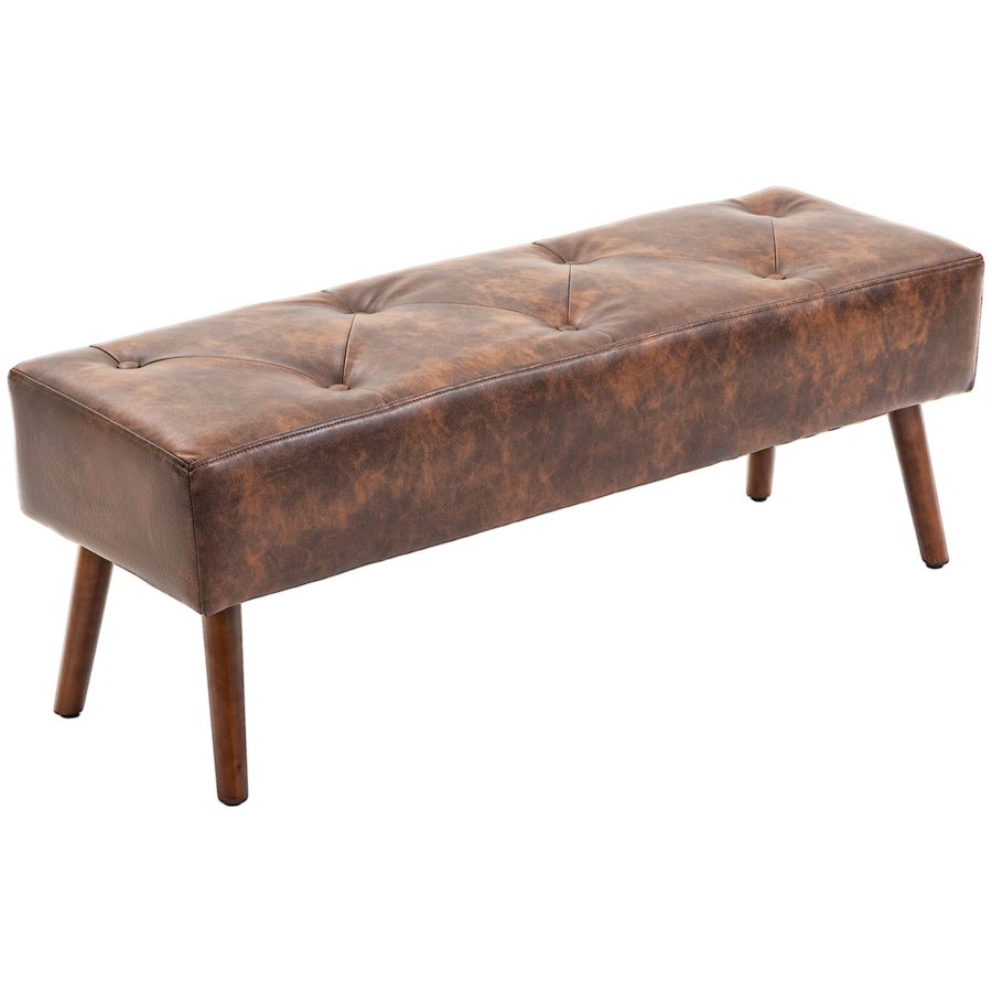 HOMCOM Bank Fußende Bank gepolstert im Vintage-Stil mit synthetischem Bezug 114 x 38 x 42 cm Holzbank gepolstert in gealtertem Braun   Aosom von HOMCOM