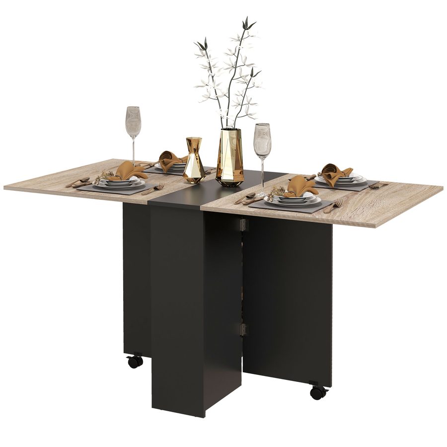 HOMCOM Klappbarer Küchen- und Esszimmertisch auf Rollen 75 x 140 x 74 cm mit 2 integrierten Regalen, Eiche und Schwarz   Aosom von HOMCOM