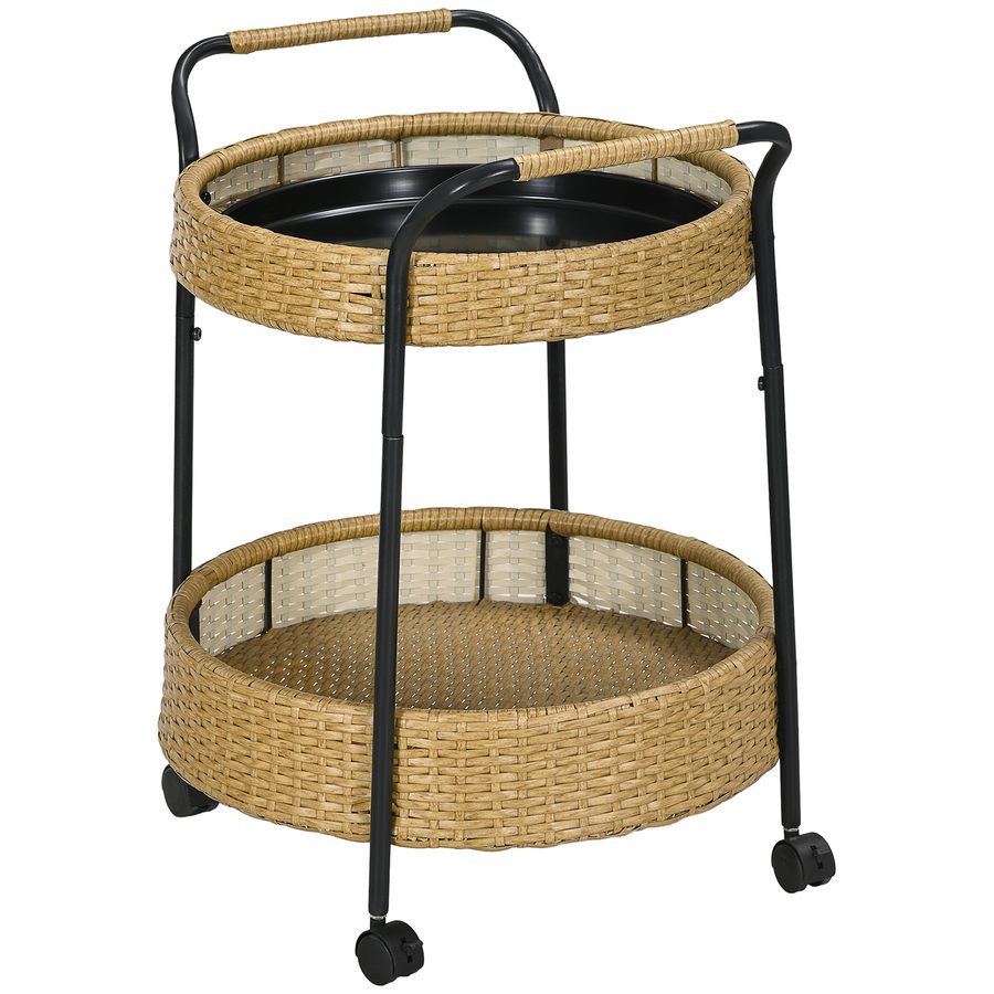 Outsunny Servierwagen, Φ50 x 66 cm, Rattan Trolley mit 2 Regalen, Gartenrollwagen, Runde Küchenwagen mit Griffen, Outdoor Barwagen, Natur  Aosom von Outsunny