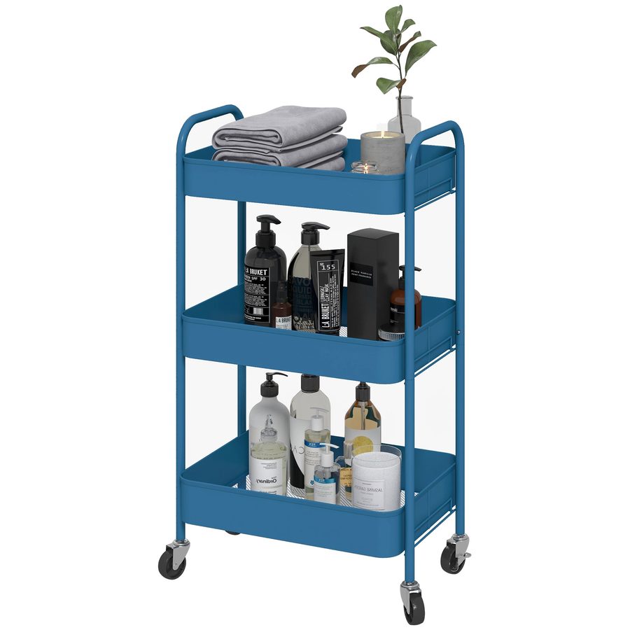 HOMCOM Servierwagen aus Stahl mit Rollen, 3 Etagen durchbrochene Platten - 45 x 30,6 x 79 cm - Dunkelblau   Aosom von HOMCOM