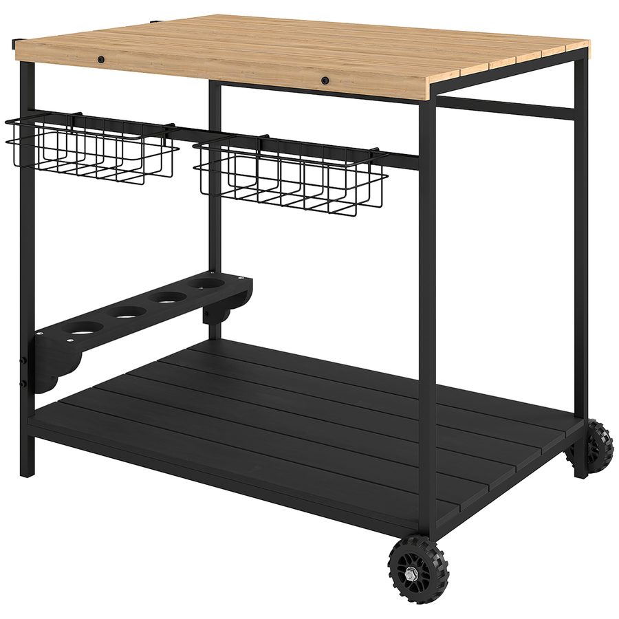 Outsunny Servierwagen Gartenrollwagen mit 2 Ebenen Barbecue Trolley mit Aufbewahrungskorb und Becherhalter aus Tanne für Grillpartys & Küche   Aosom.de von Outsunny