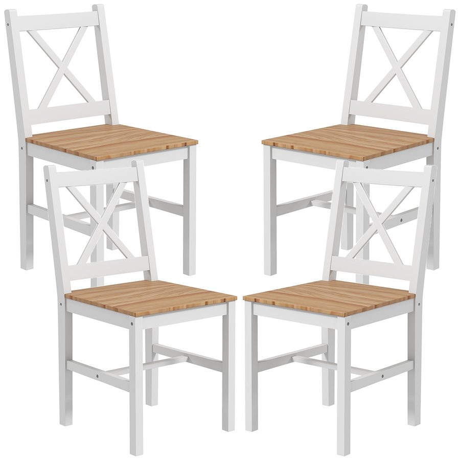 HOMCOM Set mit 4 Esszimmerstühlen, Küchenstühle, Landhausstil, hohe Rückenlehne, Kiefernholzgestell, für Wohnzimmer, Schlafzimmer, Küche, Naturholz und Weiß   Aosom von HOMCOM