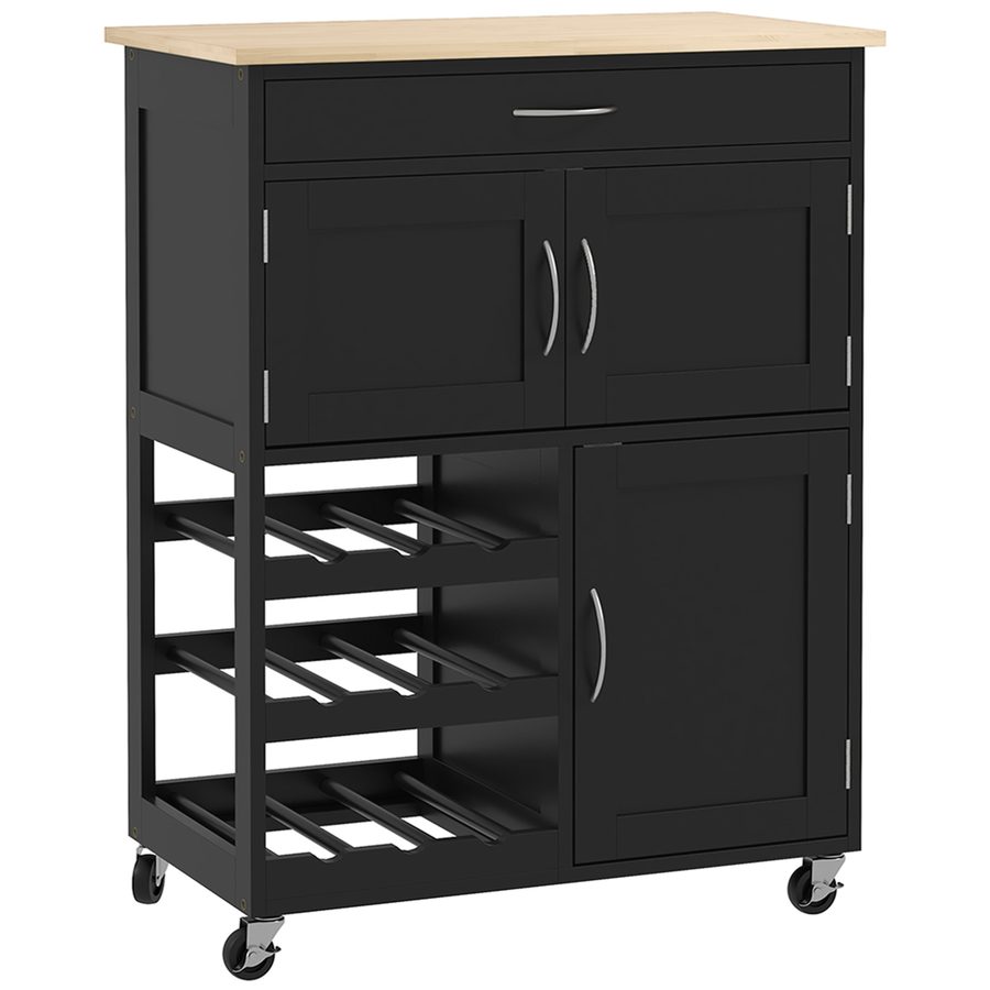 HOMCOM Servierwagen mit Flaschenregal, 3 Türen, 4 Rollen und Schublade, Platzsparender Küchenwagen für Mikrowelle und Gewürze aus Holz, 67x37x87 cm, Schwarz und Eiche   Aosom von HOMCOM
