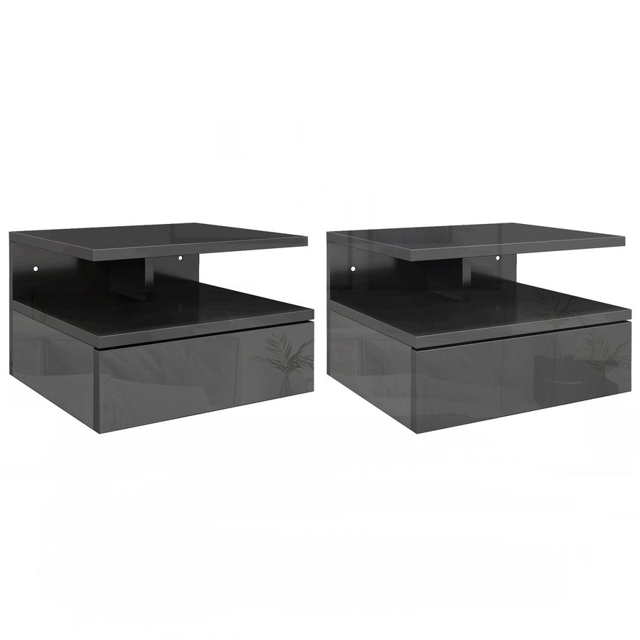 HOMCOM Set mit 2 schwebenden Nachttischen, Nachttische für Schlafzimmer mit Schublade, offenes Fach, für Wohnzimmer, 35x32x22,5 cm, Schwarz Glanz   Aosom