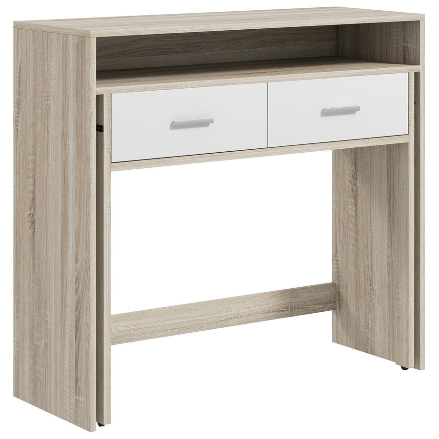 HOMCOM Konsolentisch Eingangstisch mit ausziehbarem Plateau und 2 Schubladen, Flurtisch mit Aufbewahrung für Wohnzimmer, Eingang, Schlafzimmer, 95l x 35B x 87H cm, Eichenoptik   Aosom von HOMCOM