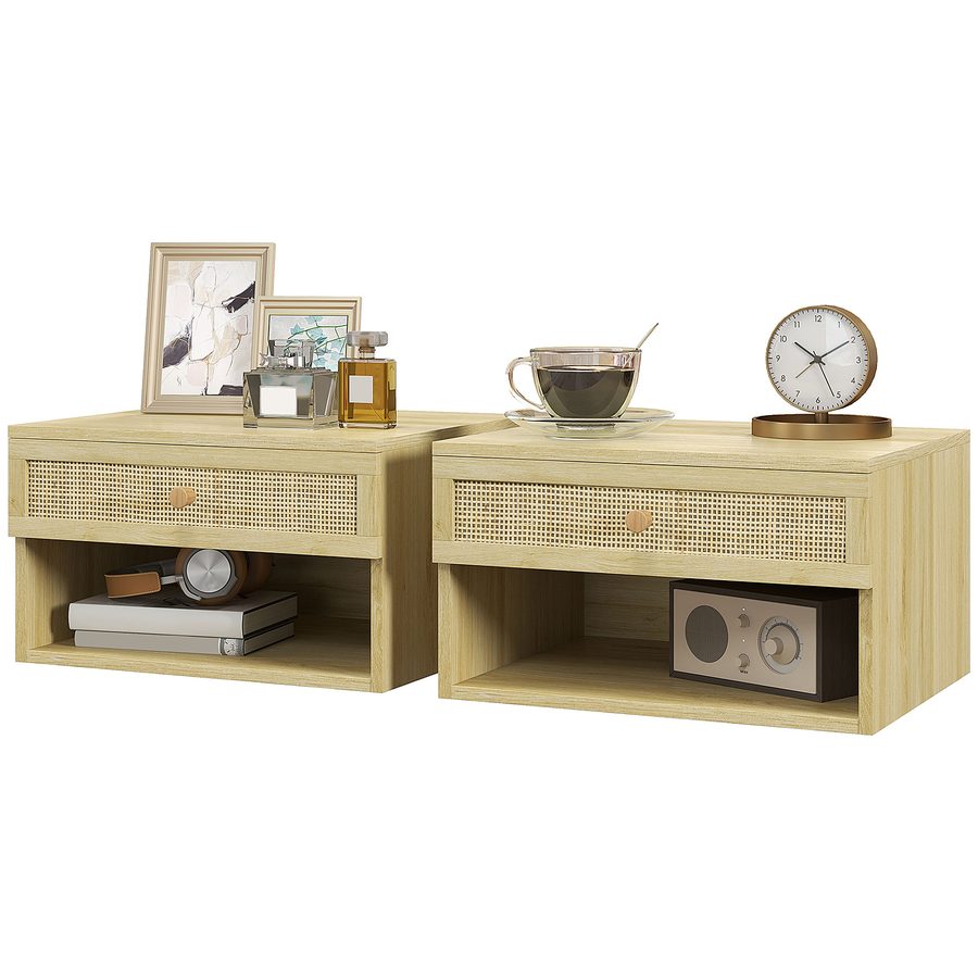 HOMCOM Set von 2 bohemischen Wandnachttischen Nachttisch - ausziehbare Schublade, Fach, Regal - Holz mit geflochtener Rattanfront Maße 40L x 34B x 23H cm   Aosom von HOMCOM
