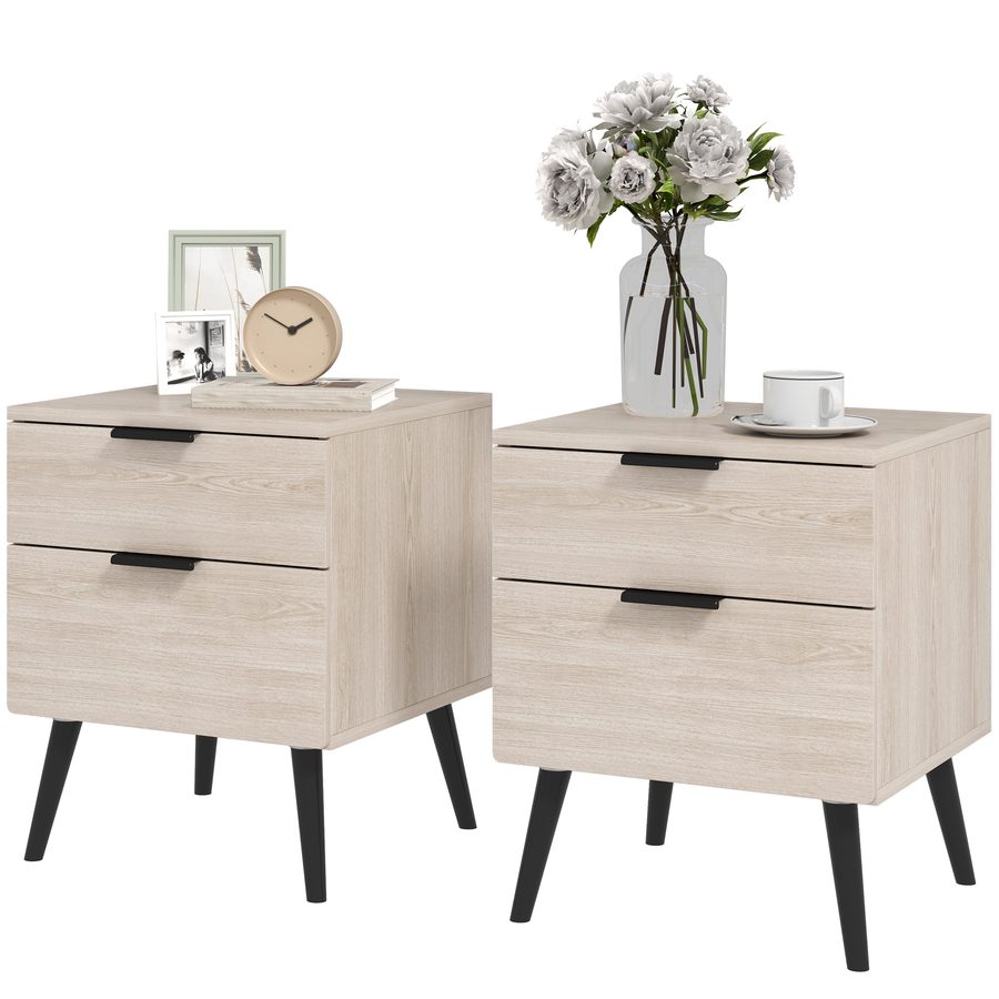 HOMCOM Set mit 2 Nachttischen, Nachttisch, moderner skandinavischer Stil, mit zweistufigem Schubladen, massiven Holzbeinen, für Schlafzimmer, Wohnzimmer, Eichenholzoptik   Aosom von HOMCOM