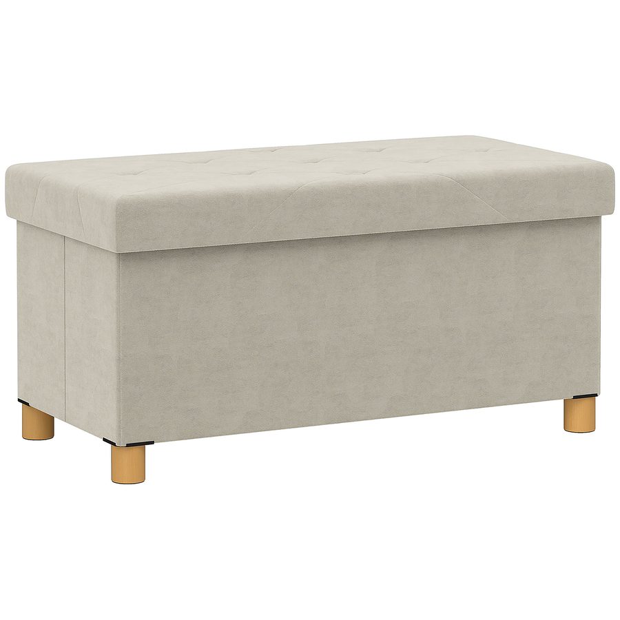 HOMCOM Aufbewahrungs-Pouf, Klappbare Aufbewahrungsbank, Fassungsvermögen 67 l, 76x38x38 cm, Bezogen mit Samt, Aufbewahrungstruhe für Schlafzimmer, Tragfähigkeit 120 kg, für Wohnzimmer, Flur, Creme   Aosom von HOMCOM